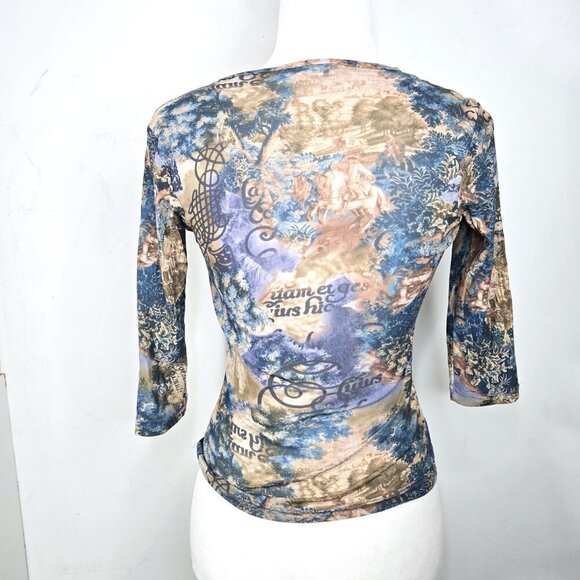 Vintage 90s Y2K French Hunting Painting Micro Mesh Sheer 3/4 Sleeve Top USA - Picture 10 of 10